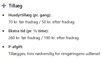 privat rengøring prisliste tillæg